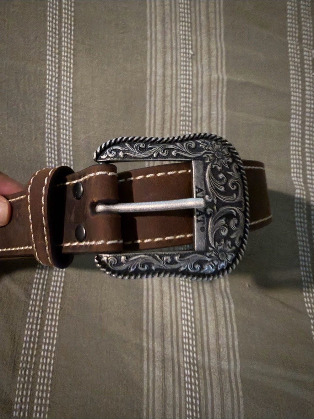 Ariat Brown Leather Belt with Ornate Silver Buckle